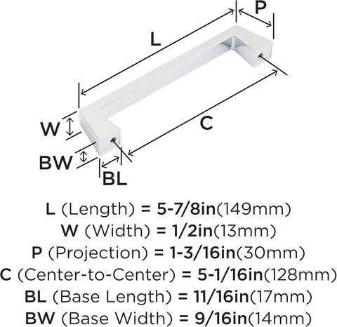 Diagram of Polished Chrome Cabinet Pull for Cabinets and Furniture, 5-1/16 Inch Center-to-Center, 5-7/8 Inch Overall Length, Blackrock Collection
