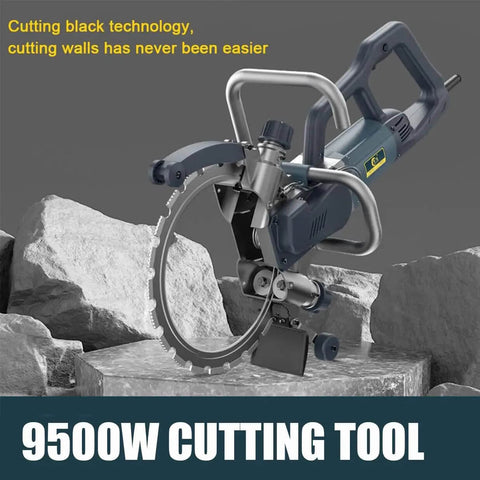 Heavy Duty Electric Ring Saw Delivers Lightning Fast Wall Cutting Action With Integrated Linkage Water Pump Cooling And Rock Solid Twenty Seven Centimeter Max Cut Depth on stone.