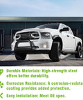 White pickup truck with front guard displayed in a parking lot with text highlighting durable materials and corrosion resistance.