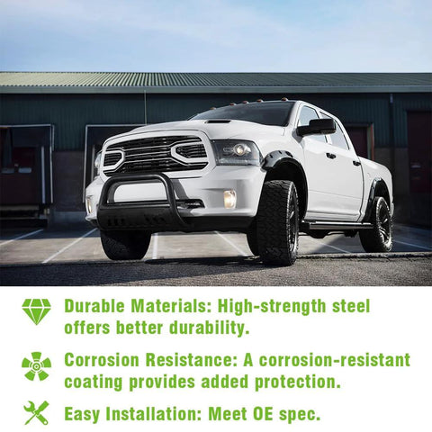 Front view of white pickup truck highlighting durable materials, corrosion resistance, and easy installation features.