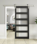 Built Like A Tank 36 By 84 Inch Glass Barn Door With Frosted Tempered Panes, Deep Black, brushed nickel rail system