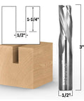 Downcut Router Bit Spiral 3 Flute Solid Carbide End Mill For CNC Work Half Inch Diameter And Half Inch Shank Low Helix For Clean Top Surfaces On Tough Materials Pro Grade Tungsten Carbide Tool with diagram showing dimensions beside cut wood block