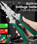 All-In-One Foldable Wire Stripper With Voltage Tester in use, showing green handle grip, near wiring panel for stripping, testing.