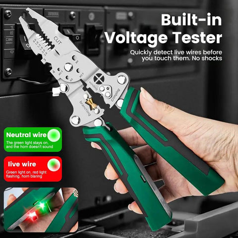 All-In-One Foldable Wire Stripper With Voltage Tester in use, showing green handle grip, near wiring panel for stripping, testing.