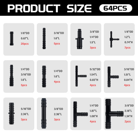 Detailed view of connectors from Five Foot Automotive Vacuum Hose Kit With 64 Vacuum Hose Connectors And 6 Vacuum Lines Pipe Cutter Silicone Hoses In One Eighth To Three Eighths Inch Inner Diameters Heavy Duty Heat And Pressure Resistant For Gearhead Car Hobbyists.