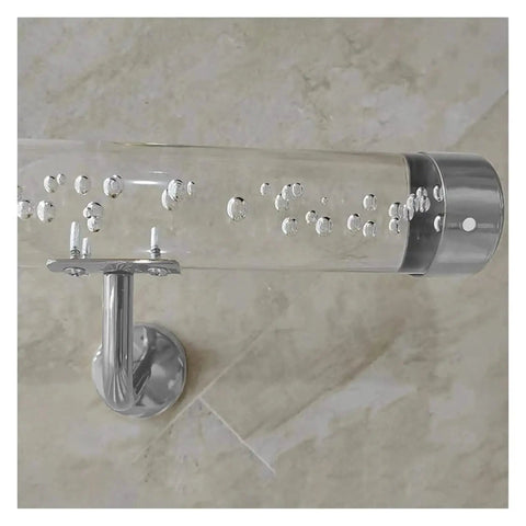 Sleek Transparent Acrylic Handrail With Heavy Duty Silver Wall Mount Brackets For Indoors Outdoors Stair And Deck Safety Featuring Bubble Design Supporting Four Hundred Forty Pounds Built Like A Tank For Daily Grind close-up view with bubbles.