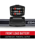 Front load battery compartment of Dual Color LED Headlamp With Twist Focus, 700 Lumen White And Red Beams, helmet clip visible