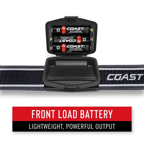 Front load battery compartment of Dual Color LED Headlamp With Twist Focus, 700 Lumen White And Red Beams, helmet clip visible
