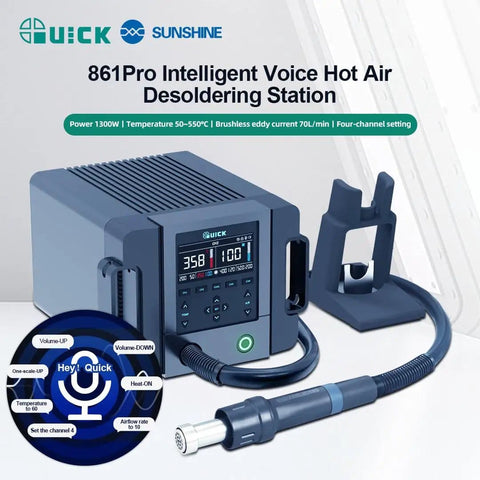 Hot Air Rework Station 1300W With AI Voice Control and Intelligent PID Temp prepped for soldering and desoldering tasks.