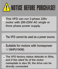 Warning instructions for VFD Vector 1 Phase To 3 Phase Converter For Motors Up To 15HP, 220V Input Output, operational limits.