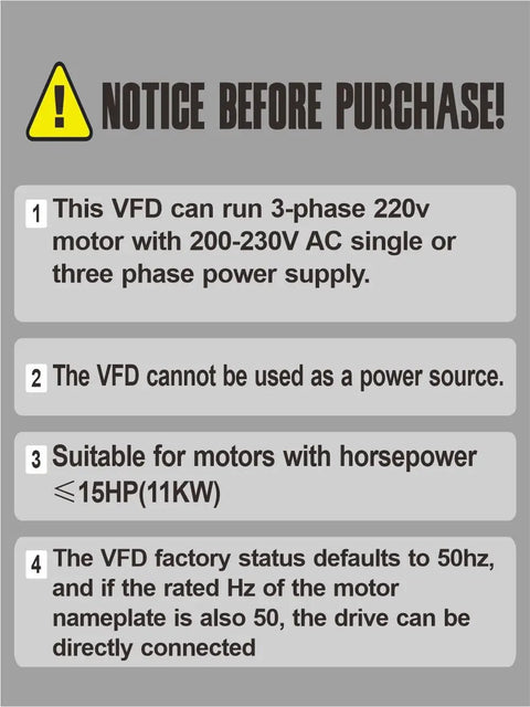 Warning instructions for VFD Vector 1 Phase To 3 Phase Converter For Motors Up To 15HP, 220V Input Output, operational limits.