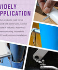Applications of clevis pins in industry, machinery, household DIY, and furniture installation shown in use with cotter pins.