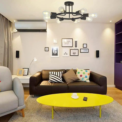 Living room with 8 Light Sputnik Ceiling Light In Black Metal Modern Industrial Chandelier With Semi Flush Mount