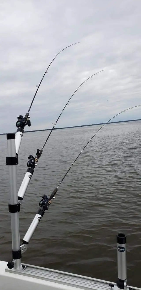 Heavy Duty Dual Axis Three Rod Adjustable Rod Tree With Track Base Or Direct Mount Base One Hand Adjustable Rod Holders With Five Locking Positions From Horizontal To Vertical on boat