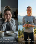 Image comparison showing before and after effects of Pure Himalayan Shilajit Resin 30 Gram Jar on energy and vitality.