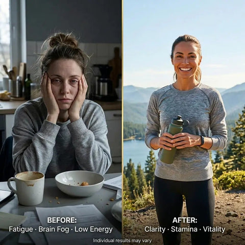 Image comparison showing before and after effects of Pure Himalayan Shilajit Resin 30 Gram Jar on energy and vitality.