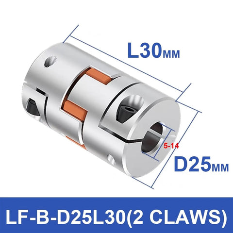 Premium LF-B D25L30 Aluminum 2 Jaw Coupler with dimensions for 5-14mm shafts, designed for CNC machines and smooth power transmission.