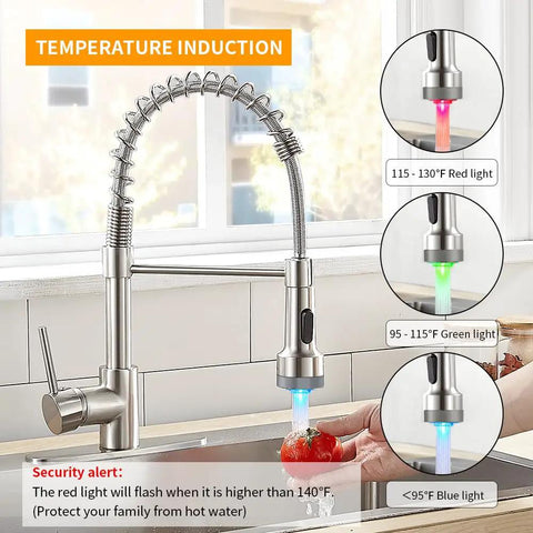 LED Light Kitchen Faucet With Pull Down Sprayer Dope Style Sus304 Stainless Steel Industrial Single Handle Brushed Nickel Finish