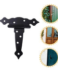 HAKIDZEL strap door hinge, black wrought-iron; front view with decorative mounting plate; shown installed on doors