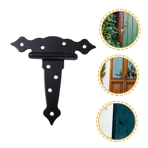 HAKIDZEL strap door hinge, black wrought-iron; front view with decorative mounting plate; shown installed on doors