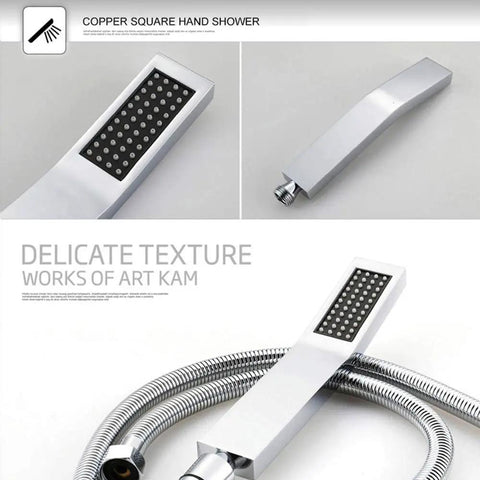 Heavy Duty Wall Mounted Shower System With 43 Cm Canopy Rainfall Head and Side Spray Handset features a silver copper hand shower.