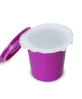 EZ-Cup Disposable Paper Filters With Patented Lid For Reusable Coffee Pods shown with purple pod and open lid