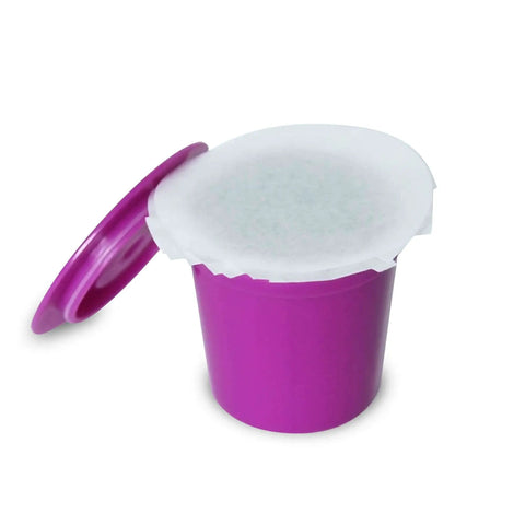 EZ-Cup Disposable Paper Filters With Patented Lid For Reusable Coffee Pods shown with purple pod and open lid