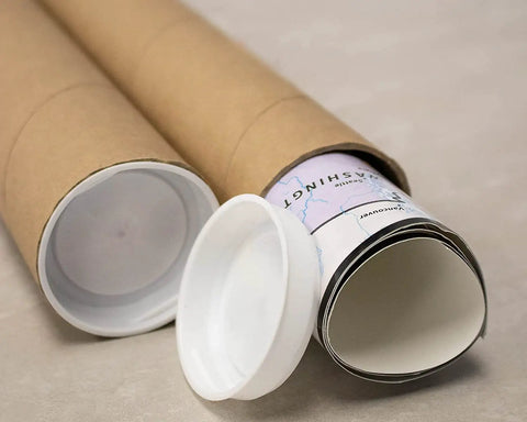 Solid As A Rock Kraft Mailing Tubes For Shipping And Storage Extra Strong Spiral Wound Design, open end showing tight cap and rolled document.