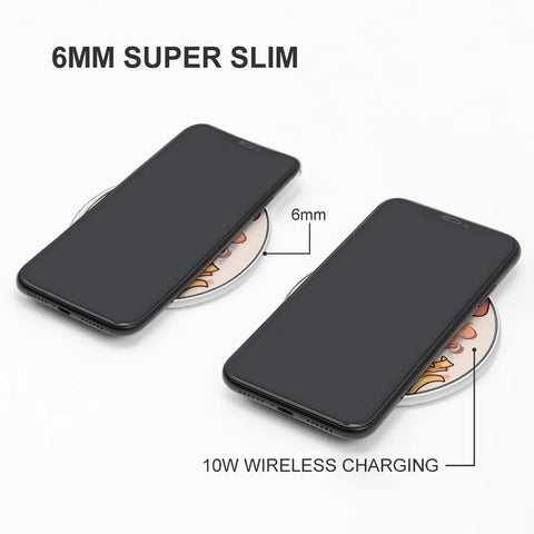 Ultra Slim Qi Wireless Charger With Aluminum Alloy Frame 6mm Thin 10W Fast Charging Pad with two phones on top