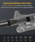 Diagram of Pro Grade Red Laser Bore Sight Kit With 16 Caliber Adapters, showing improved stability arbor for .54-12GA calibers.