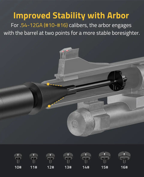 Diagram of Pro Grade Red Laser Bore Sight Kit With 16 Caliber Adapters, showing improved stability arbor for .54-12GA calibers.