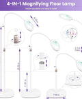 4-in-1 magnifying floor lamp with measurements, featuring 12X magnifying glass with light and stand for craft pros and esthetician work.