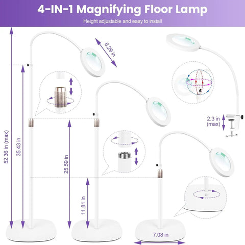4-in-1 magnifying floor lamp with measurements, featuring 12X magnifying glass with light and stand for craft pros and esthetician work.