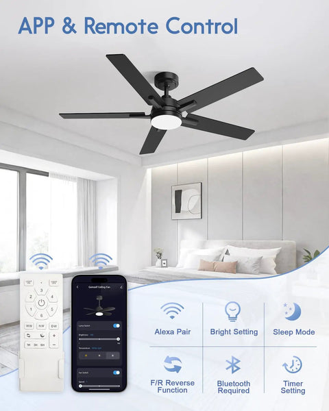 52 Inch Smart Ceiling Fan With Lights Black, Alexa And Google Home Ready, Remote Or App Control in modern bedroom