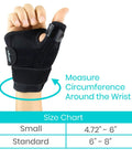Thumb And Wrist Spica Splint Brace For Right Or Left Hand, Carpal Tunnel And Tendonitis Relief shown with size chart