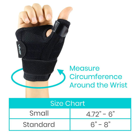 Thumb And Wrist Spica Splint Brace For Right Or Left Hand, Carpal Tunnel And Tendonitis Relief shown with size chart
