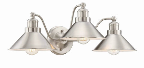3 Light Modern Farmhouse Vanity Light with funnel shades in brushed nickel finish, industrial gooseneck wall sconce for bath or powder room.