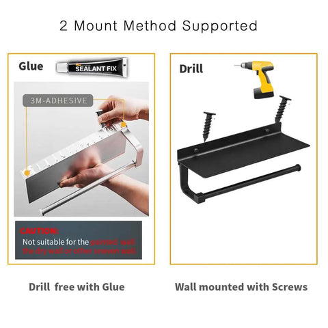 Must Have Wall Mounted Paper Towel Holder With Aluminum Build And Built In Phone Storage Shelf for two mounting methods