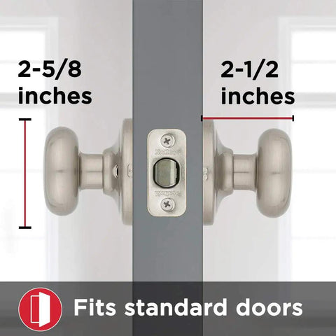 Juno Interior Non-Locking Passage Doorknob For Closets And Hallways, Satin Nickel Finish, shown fitted on standard door thickness