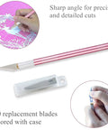 Close-up of pink craft knife with sharp angle, replacement blades in case, for crafting, sewing, quilting, patchwork projects