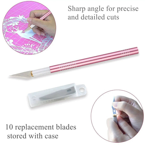 Close-up of pink craft knife with sharp angle, replacement blades in case, for crafting, sewing, quilting, patchwork projects