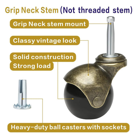 2 Inch Antique Brass Casters Set Of 4 Heavy Duty Ball Caster Wheels With Sleeve Plugs showing grip neck stem and vintage look