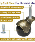 Antique Brass 2 Inch Heavy Duty Furniture Caster with Grip Neck and Sleeve Plug showing vintage design and construction