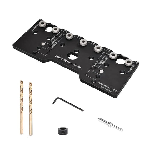 Adjustable Shelf Pin Jig For Cabinets Delivers Dead On Accuracy And Straight Hole Punching Built From Heavy Duty Aluminum Alloy with accessories.