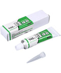 Silicon rubber sealant tube with nozzle, green and white box package for high-temp adhesive use, Gasket Repair Adhesive For Washing Machines And Portable Washers Quick Dry High Temp Resistant Glue Leak Proof Sealant For Bathroom Kitchen Balcony Indoor Outdoor Dorms visible.