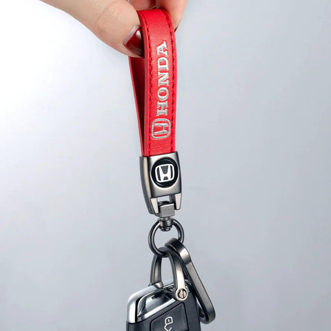 Hella Durable Red Leather Auto Keychain With Slick Zinc Alloy Strap Tough Key Fob Lanyard For Honda Accord Civic Crv Pilot, close-up.