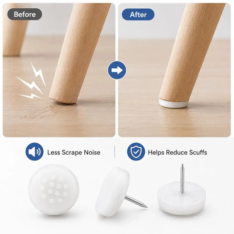 Before and after use of Nail-In Glides For Chairs And Tables 20 Pack With PP Plastic And Metal Pin on wood floor