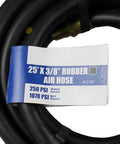 Built Tough 25 Foot Rubber Air Hose For Auto Mechanics And Garage Crews Smooth High Pressure Pneumatic Tubing 3/8 Inch Compressor Line with pressure specs.