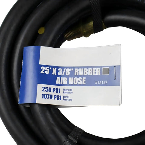 Built Tough 25 Foot Rubber Air Hose For Auto Mechanics And Garage Crews Smooth High Pressure Pneumatic Tubing 3/8 Inch Compressor Line with pressure specs.