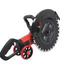 Heavy Grit High Output Electric Concrete Saw With 16 Inch Diamond Blade For Wet Dry Setup offers cutting power with wheel maneuverability.
